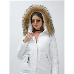 Куртка женская зимняя с мехом енот премиум класса белого цвета 3322_1Bl