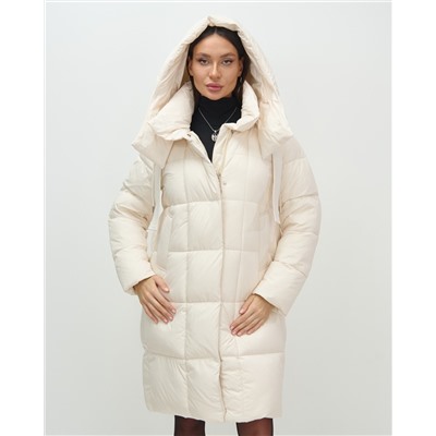 Пальто зимнее утепленное с капюшоном женское бежевого цвета 7700B