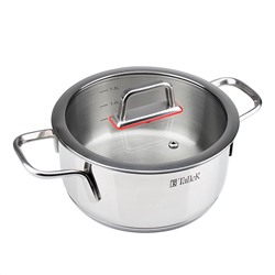 Кастрюля из нержавеющей стали "Tendency" 2л, д18см, h8,8см, s0,6мм, дно s2,8мм, плоская стеклянная жаропрочная крышка, пароотвод, стальной обод, капсулированное дно, прутковые ручки из нержавеющей стали на точечной сварке, полировка снаружи - зеркаль