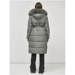 Пальто утепленное с капюшоном и мехом зимнее женское цвета хаки 133203Kh