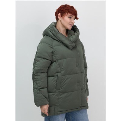Куртка зимняя женская с капюшоном модная цвета хаки 7651Kh