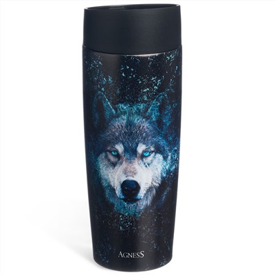 ТЕРМОКРУЖКА AGNESS "ВОЛК" 360МЛ, КОЛБА НЕРЖ.СТАЛЬ 18/10