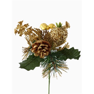 Еловая ветка декоративная «Зимнее волшебство. Мечты», пластик, шиповник в бисере, 18 см, золото