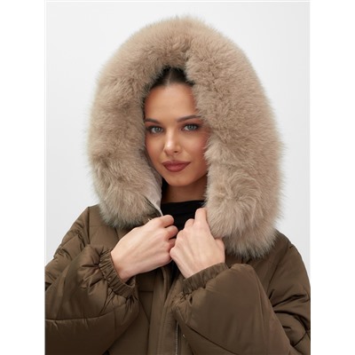 Пальто зимнее утепленное с мехом и капюшоном тренд горчичного цвета 7629G