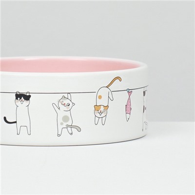 Миска керамическая "Весёлые котики",12,5 x 4,5 cм, 300 мл, белая/розовая