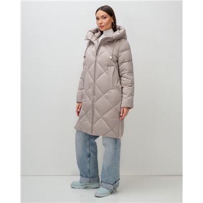 Пальто зимнее утепленное с капюшоном женское светло-коричневого цвета 7637SK