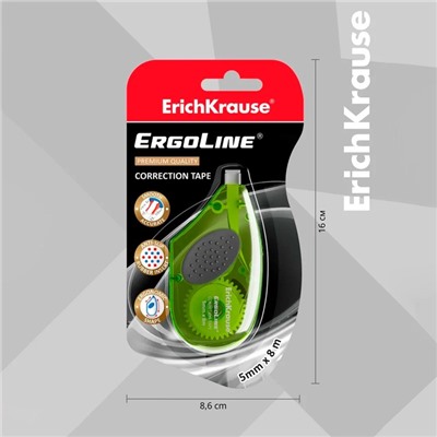 Корректирующая лента 5 мм × 8 м, ErichKrause ErgoLine, с резиновой вставкой, корпус салатовый, блистер