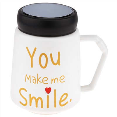 Кружка фарфоровая "Признания" "You make me smile" 600мл, д9,5см h13,3см, матовая глазурь, деколь с золотом, цвет - белый, пластмассовая, винтовая крышка, герметичная, с силиконовым уплотнителем, д/горла 6,6см, д/основания 5,6см, в подарочной коробке