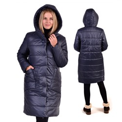 Пальто зимнее с объёмным капюшоном и с накладными карманами, цвет-индиго