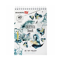 Скетчбук, белая бумага 160г/м2, 140х201мм, 40л,гребень,жёст. подложка, BRAUBERG ART, ассорти, 115071