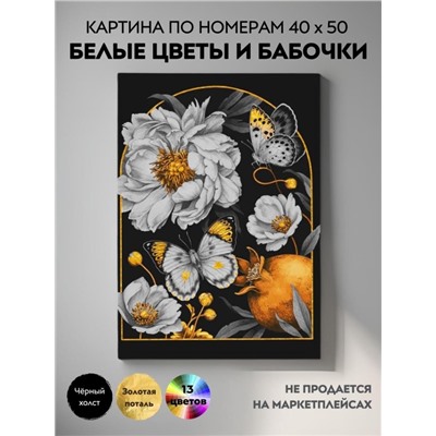 Картина по номерам с поталью 40х50 "БЕЛЫЕ ЦВЕТЫ И БАБОЧКИ" (13 цветов, чёрный холст)