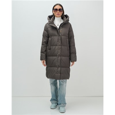 Пальто зимнее утепленное с капюшоном женское темно-коричневого цвета 7618TK
