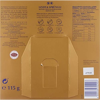 Lindt Mini-Tisch-Kalender Weihnachtszauber 115g, Линдт Адвент-каленадрь 2025, 24 сладких сюрприза, 19см х 19см, 115 г