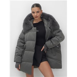 Куртка зимняя женская с мехом и капюшоном тренд темно-серого цвета 7658TC