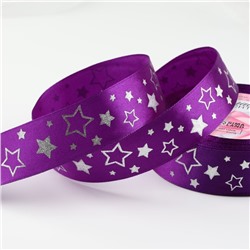 Лента атласная с тиснением «Звёзды», 25 мм, 18±1 м, фиолетовая, серебряная №145