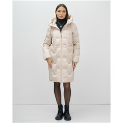 Пальто зимнее утепленное с капюшоном женское бежевого цвета 7638B