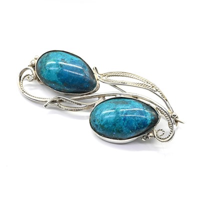 Брошь из хризоколлы в посеребрении 55*23мм.