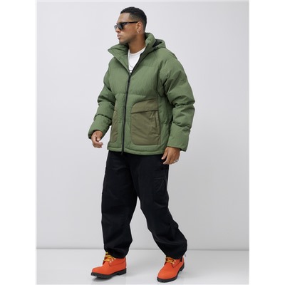 Куртка молодежная мужская зимняя с капюшоном цвета хаки 25307Kh