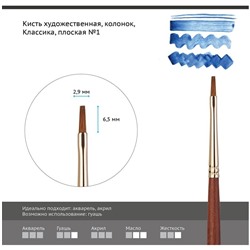 Кисть художественная колонок Гамма "Классика", плоская №1