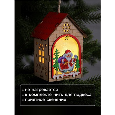 Ёлочная игрушка «Домик с Дедом Морозом», 14.5х11х8.5 см, 1 LED, от батареек, свечение тёплое белое