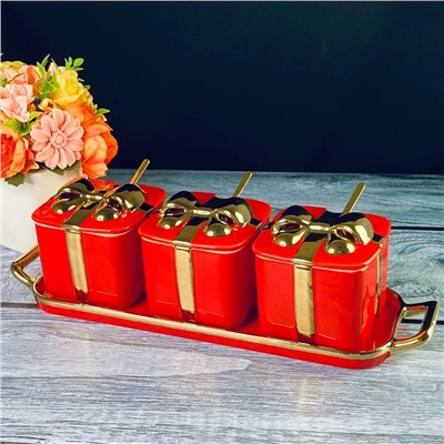 106-338 Набор из 3 баночек 350 мл с ложками на подставке MULTICOLOR  в под.уп.(х12)Фарфор