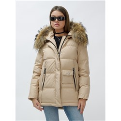 Куртка женская зимняя с мехом енот премиум класса бежевого цвета 3215B