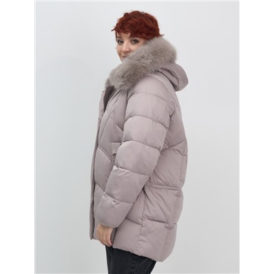 Куртка зимняя женская с мехом и капюшоном тренд светло-коричневого цвета 7656SK