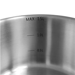 Ковш из нержавеющей стали "Experience" 1,5л, д16см, h8,3см, s0,6мм, дно д14,7см, s4мм, стеклянная крышка с широким силиконовым ободом и сливом, пароотовод, капсулированное дно, полировка внешняя - матовая, внутренняя - матовая, ручка из нержавеющей с