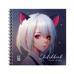 Скетчбук 60л., 150*150 MESHU "Neko", на гребне, выб. лак, soft-touch, 120г/м2