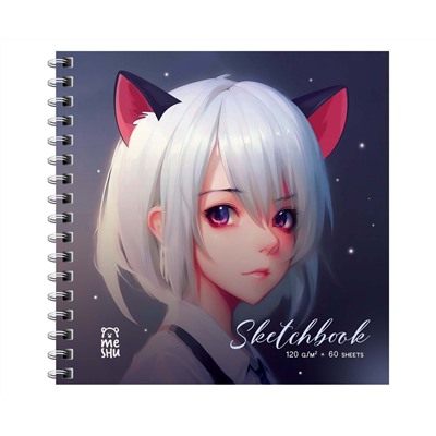 Скетчбук 60л., 150*150 MESHU "Neko", на гребне, выб. лак, soft-touch, 120г/м2