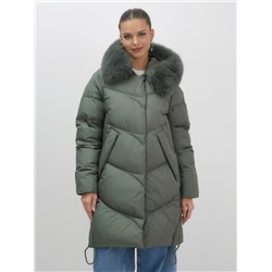 Пальто зимнее утепленное с мехом и капюшоном тренд цвета хаки 7745Kh