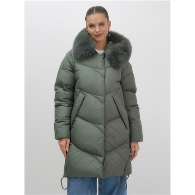Пальто зимнее утепленное с мехом и капюшоном тренд цвета хаки 7745Kh