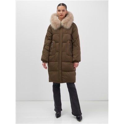 Пальто зимнее утепленное с мехом и капюшоном тренд горчичного цвета 7629G