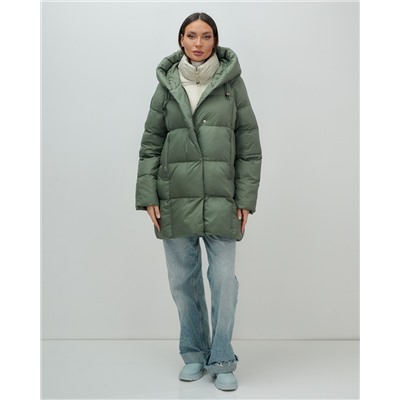 Куртка двубортная женская зимняя с капюшоном цвета хаки 7736Kh