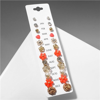 Серьги пусеты One year, 12 пар, цветочное ассорти, бело-розовые в золоте