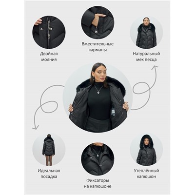 Куртка зимняя женская с мехом и капюшоном тренд черного цвета 7759Ch