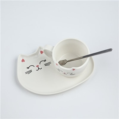 Чайная пара из керамики «Кошечка»: кружка 200 мл, блюдце, ложка