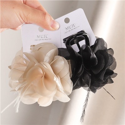 Заколка-краб для волос с цветком и перьями, 8 см.