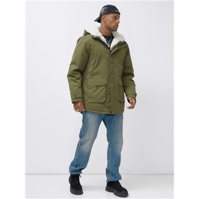 Парка мужская зимняя удлиненная с мехом хаки цвета 8753Kh