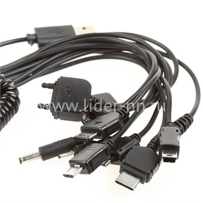 USB кабель для ЗУ с 10 переходниками(IP4/mini/microUSB/Sam D880/Tab/Nok6600/6101) витой