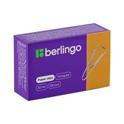 Скрепки 32мм, Berlingo, 100шт., никелированные треугольные, с отогнутым носиком, карт. упаковка