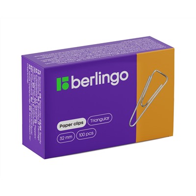 Скрепки 32мм, Berlingo, 100шт., никелированные треугольные, с отогнутым носиком, карт. упаковка