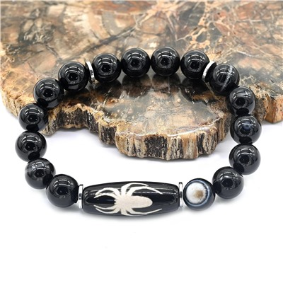 Браслет Дзи Паук цилиндр 10*29мм с агатом глазковым шарик 10мм, 17см.