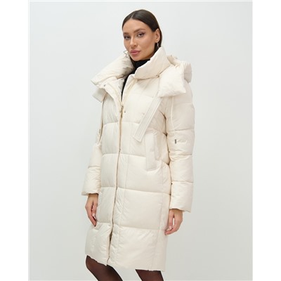 Пальто зимнее утепленное с капюшоном женское бежевого цвета 7700B