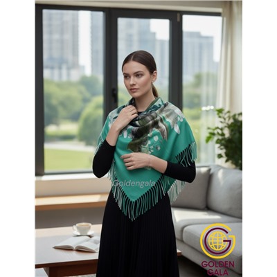 Платок теплый кашемировый с рисунком 3D Арт 1972/8 зеленая бирюза