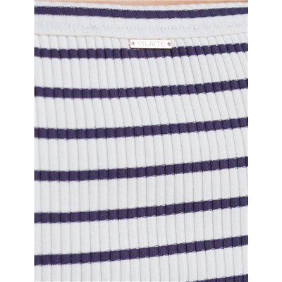 Футболка в полоску с вырезом лодочка из трикотажа в широкий рубчик