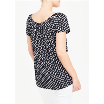 Shirred Tile Print Wide Neck T-Shirt