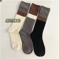 Japanese gray black and white stitching double -pin calf socks men and women in autumn cotton cotton long and knee socks show thin pile socks ins