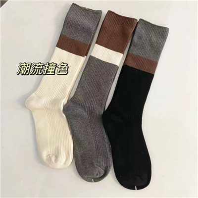 Japanese gray black and white stitching double -pin calf socks men and women in autumn cotton cotton long and knee socks show thin pile socks ins