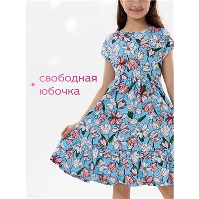 Детское платье "Ласточка" / Розовые тюльпаны на голубом